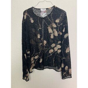 JMD New York PXL Beaded Sheer Cardigan Evening Jacket Black Beige floral